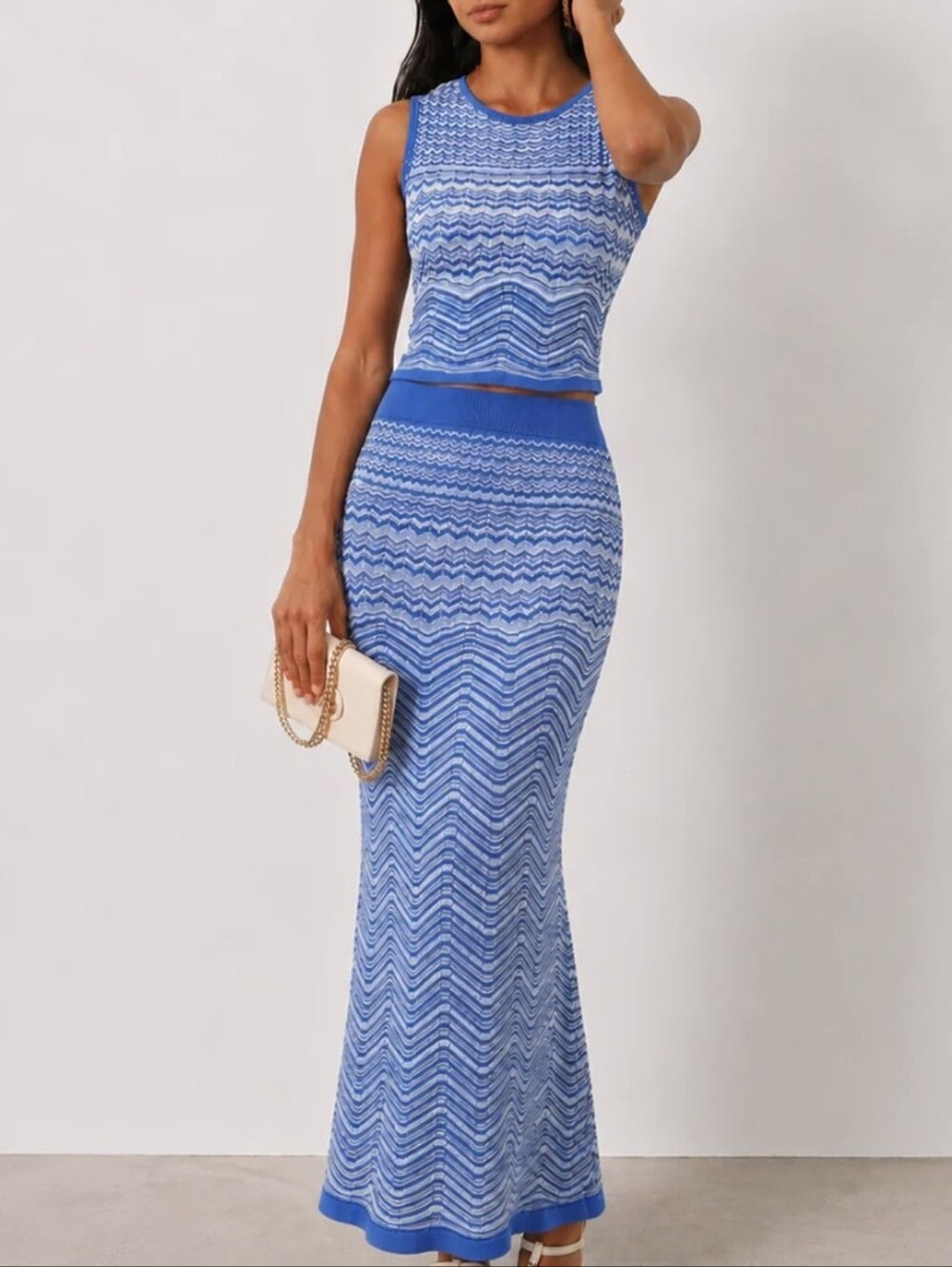 Commense Sleeveless Knit Top + Skirt Maxi Set Chevron Print Blue M NWT - Picture 4 of 4